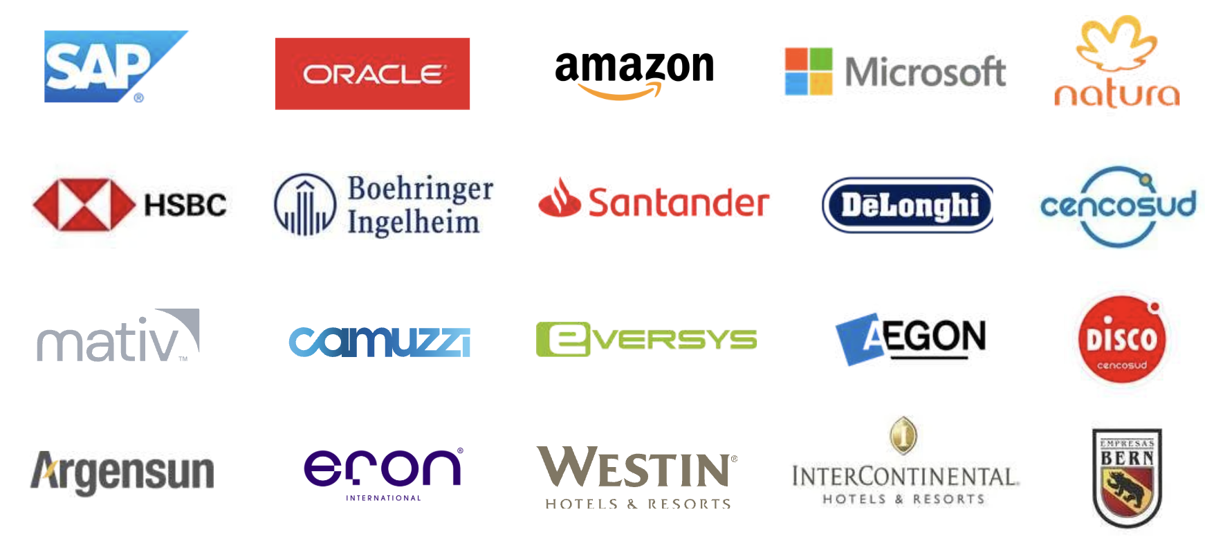 Empresas clientes de Francisco Santolo: SAP, Oracle, Amazon, Microsoft, Natura, HSBC, Boehringer Ingelheim, Banco Santander, DeLonghi, Cencosud, Mativ, Camuzzi Gas, Eversys, Aegon, Disco Supermercados, Argensun, Eron International, Westin Hotels, InterContinental Hotels, Empresas Bern